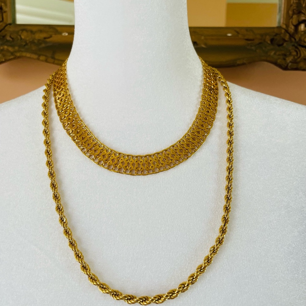Bundle of 2 Signed Monet Gold Tone Classic Layering Necklaces.